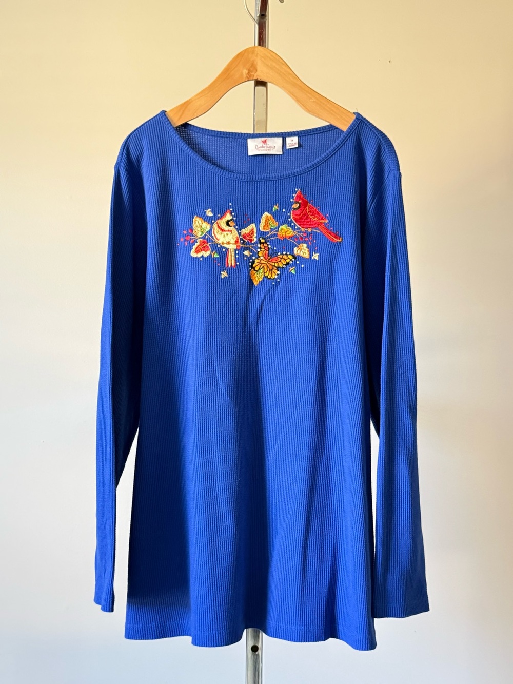 Quacker Factory Waffle Knit Fall Birds Butterfly Top Royal Blue 1X Cozy